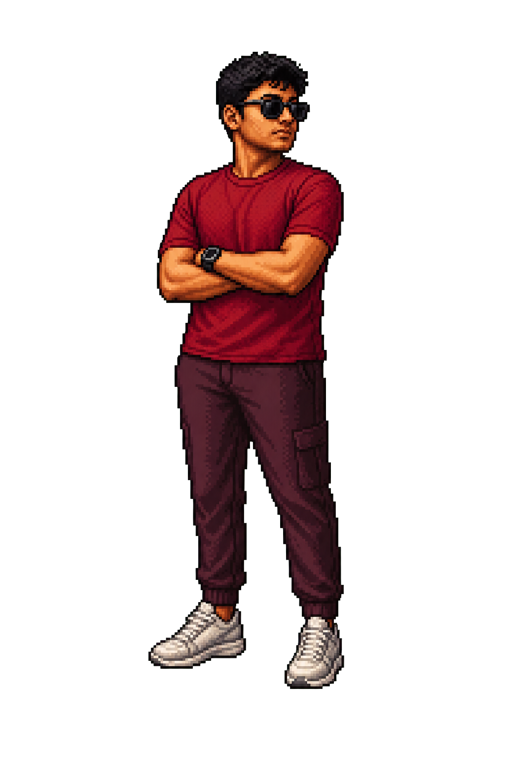 Full-body illustrated portrait of Shreyas Raj wearing a red T-shirt